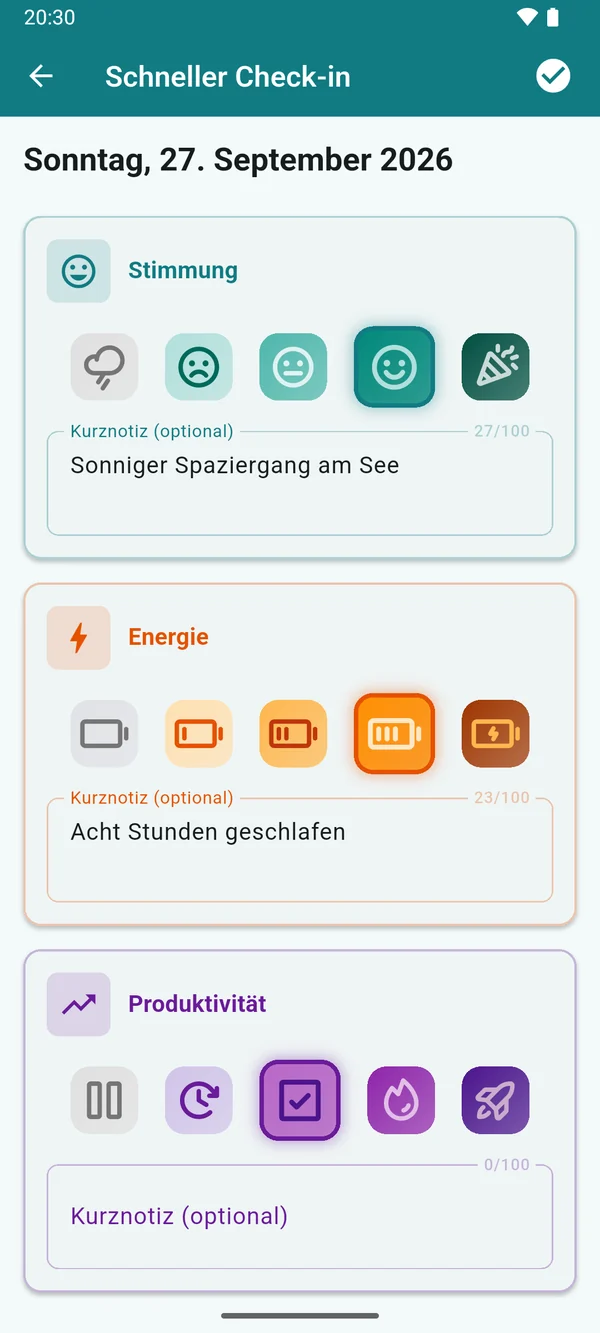 Schneller Check-in für Sonntag, 27. September 2026: Stimmung, Energie und Produktivität bewertet, mit Notizen wie „Sonniger Spaziergang am See“.