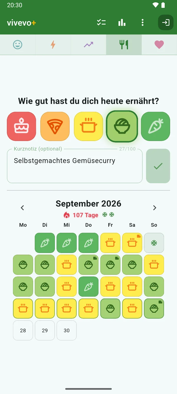 Ernährung: ein Kalender in Rot, Gelb und Grün, vom Kuchen bis zur Karotte.