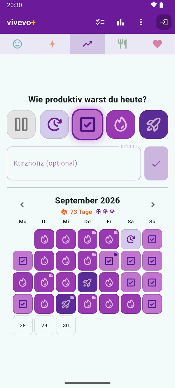 Produktivität: ein lilafarbener Kalender von Pause bis Raketenstart.