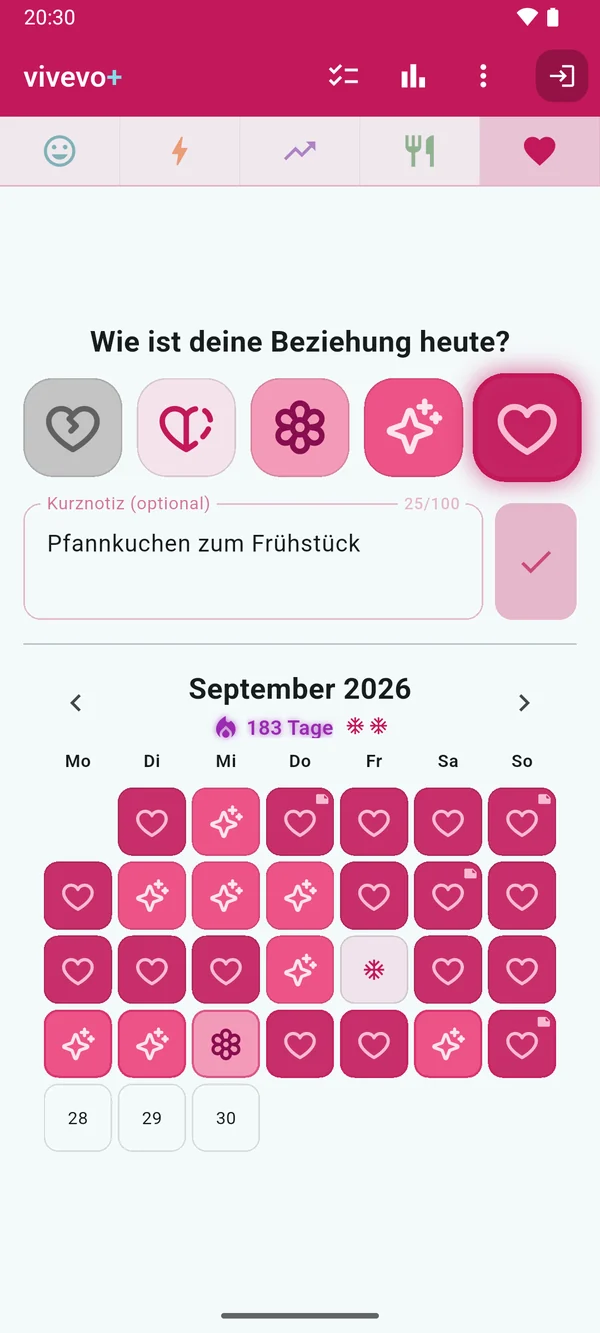 Beziehung: ein rosafarbener Kalender voller Herzen, mit einem Streak von 183 Tagen.