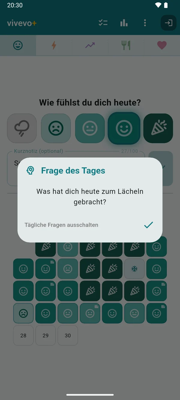 Die Frage des Tages, „Was hat dich heute zum Lächeln gebracht?“, über dem Startbildschirm.