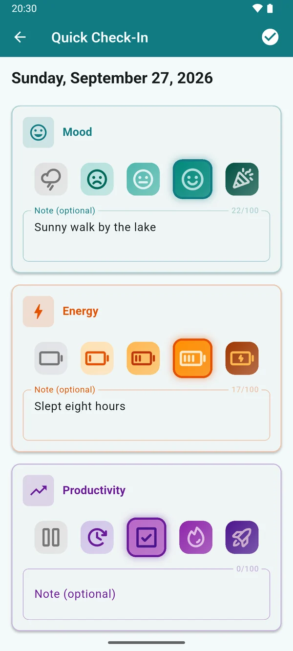 Quick check-in for Sunday, September 27, 2026: mood, energy and productivity rated, with notes such as “Sunny walk by the lake”.