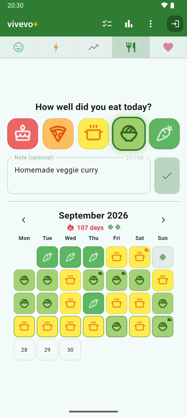 Diet: a calendar in reds, yellows and greens, from cake to carrot.