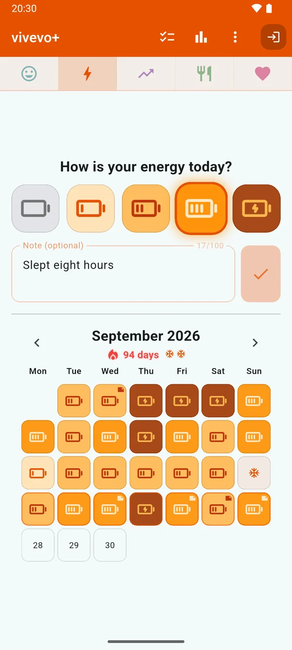 Energy: an orange calendar of battery levels, one day covered by a streak freeze.