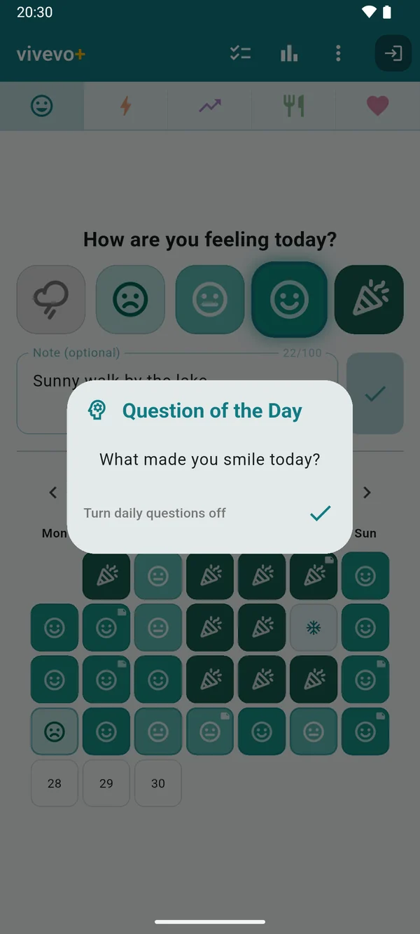 The question of the day, “What made you smile today?”, over the home screen.