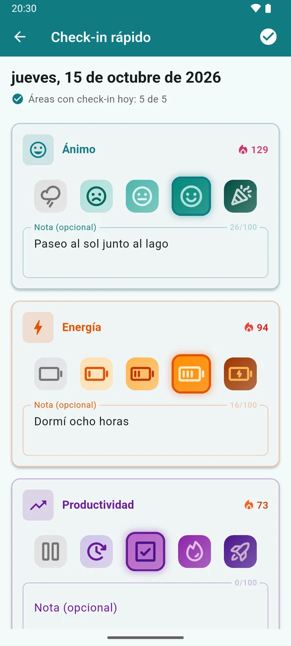 Check-in rápido del jueves 15 de octubre de 2026: valoraciones de ánimo, energía y productividad, con notas como “Paseo al sol junto al lago”.