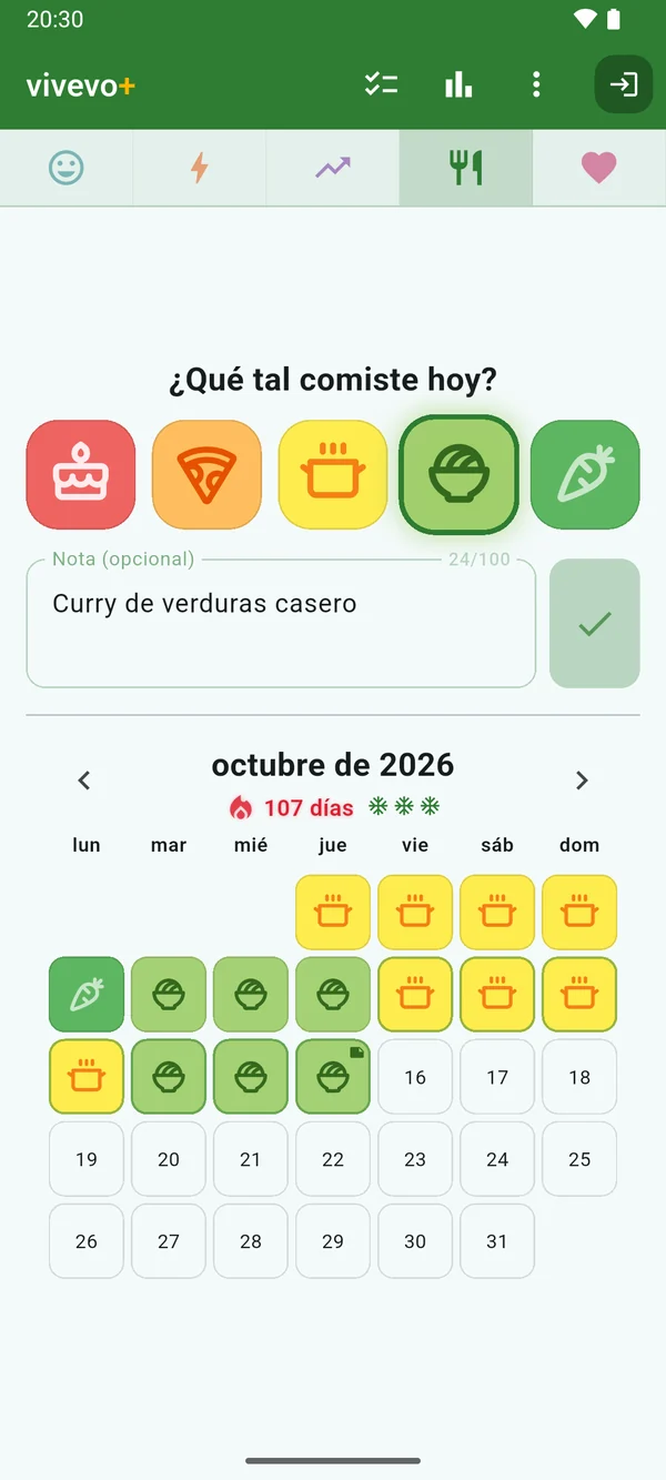 Alimentación: un calendario en rojos, amarillos y verdes, del pastel a la zanahoria.
