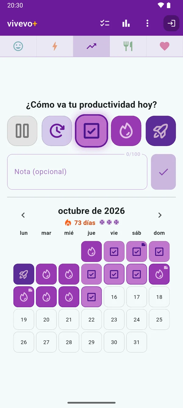 Productividad: un calendario morado que va de la pausa al cohete despegando.