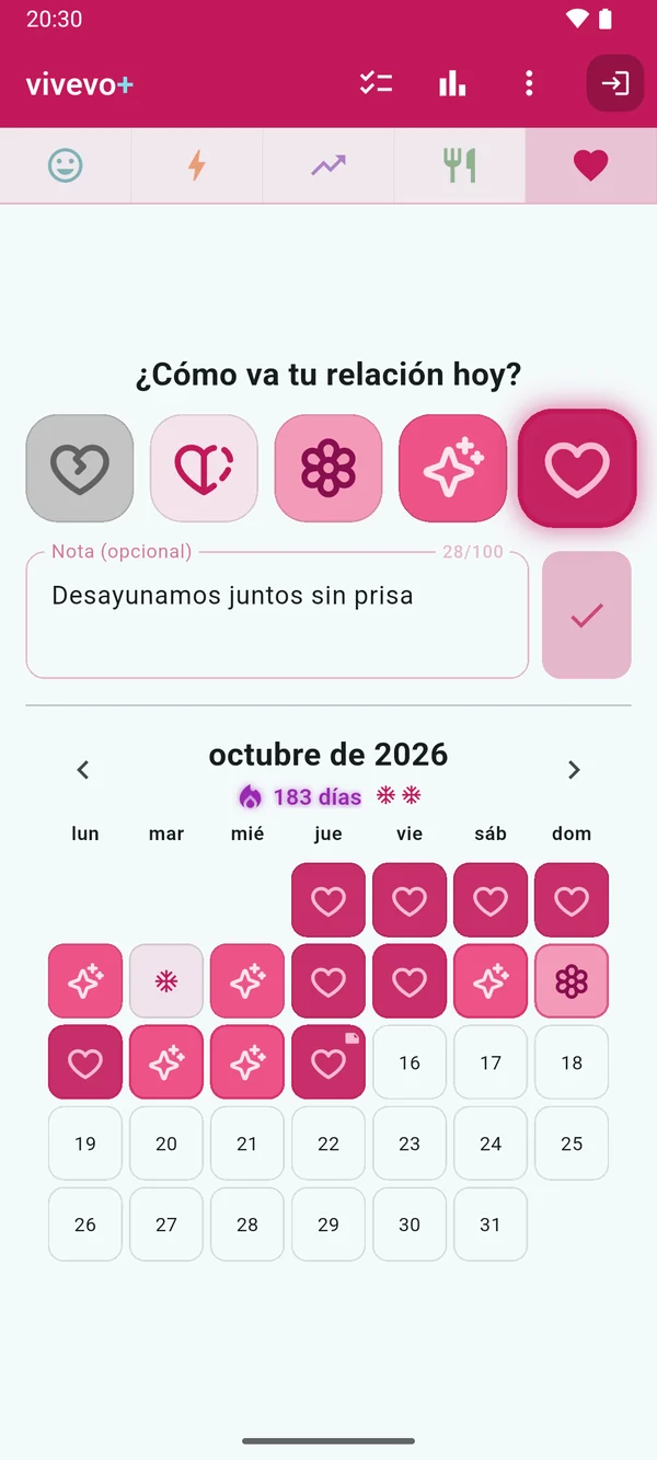 Relación: un calendario rosa lleno de corazones, con una racha de 183 días.