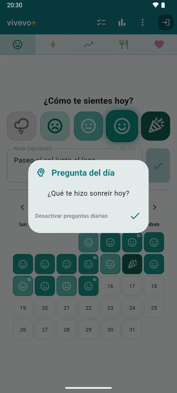 La pregunta del día, “¿Qué te hizo sonreír hoy?”, sobre la pantalla de inicio.