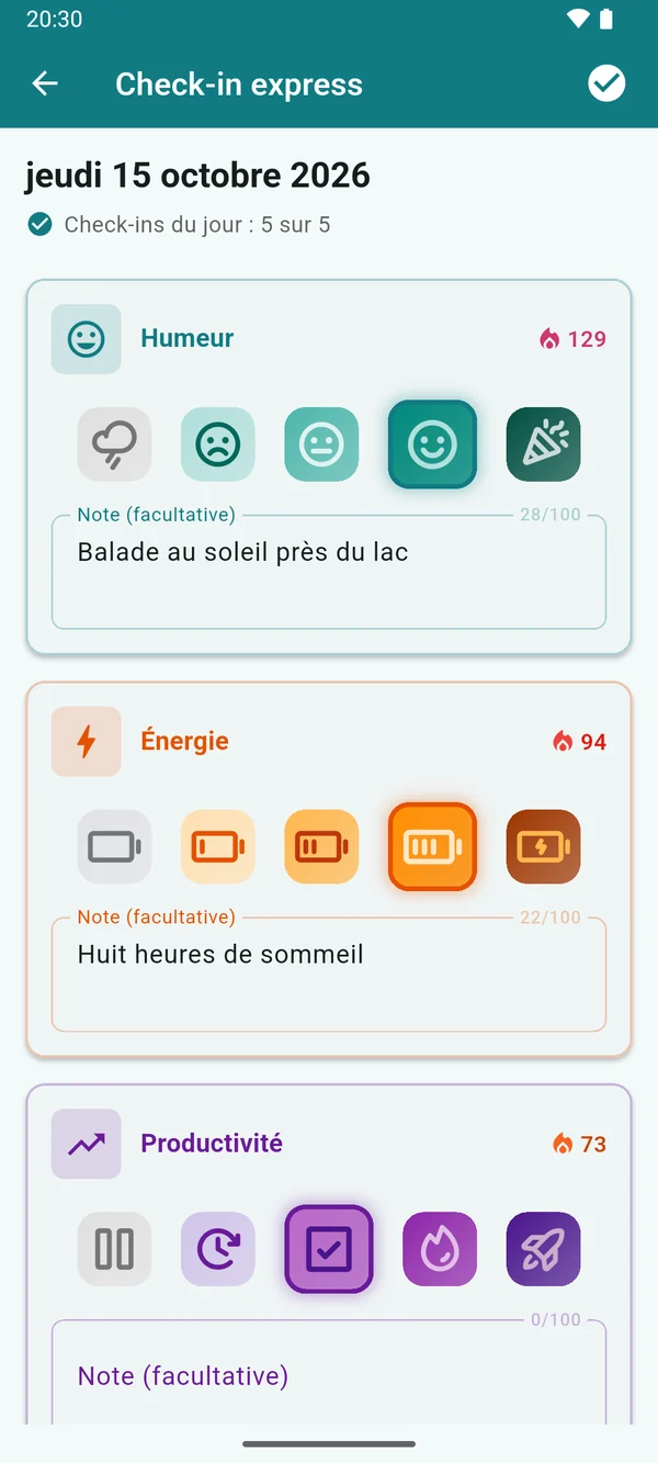 Le check-in express du jeudi 15 octobre 2026 : humeur, énergie et productivité évaluées, avec des notes comme « Balade au soleil près du lac ».