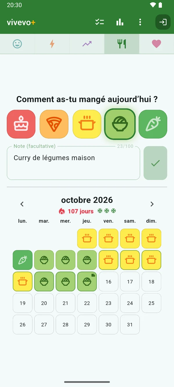 Alimentation : un calendrier en rouge, jaune et vert, du gâteau à la carotte.