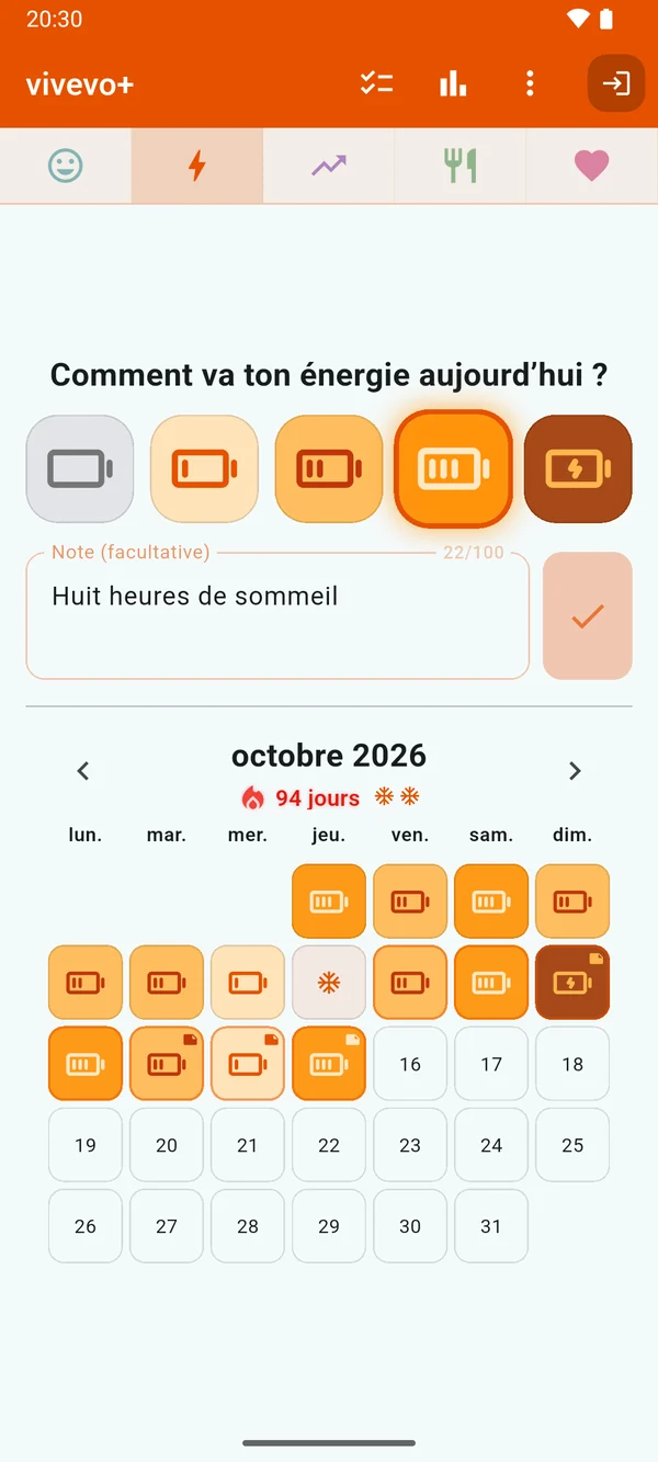 Énergie : un calendrier orange de niveaux de batterie, avec un jour couvert par un gel de série.