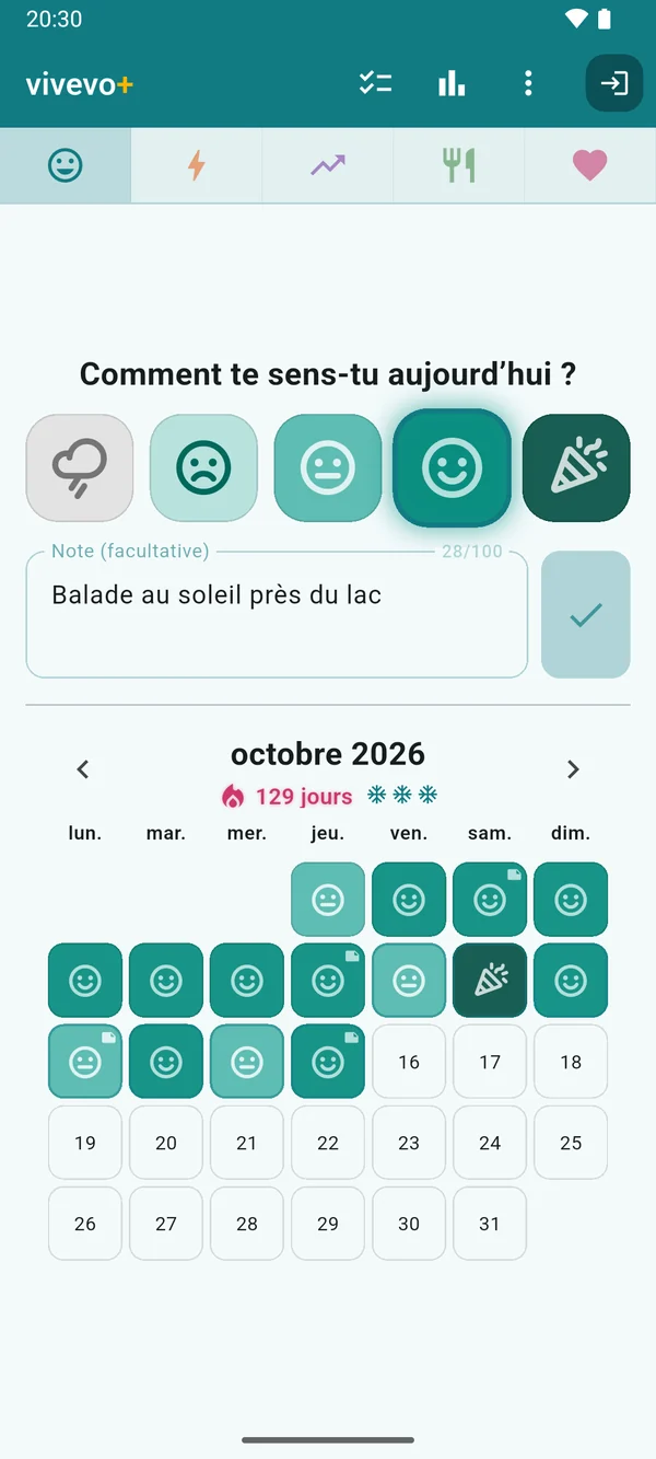 Humeur : un calendrier turquoise plein de sourires et de confettis, avec une série de 129 jours.