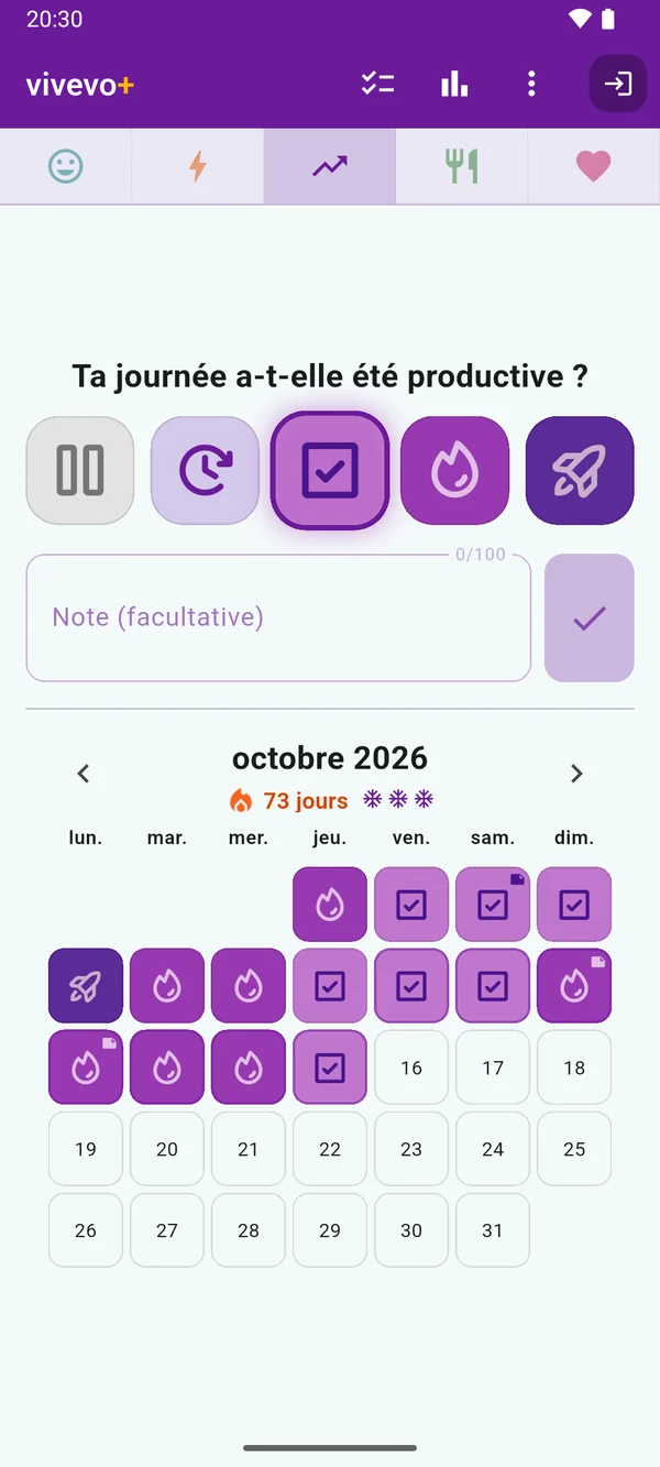 Productivité : un calendrier violet, de la pause au décollage de fusée.