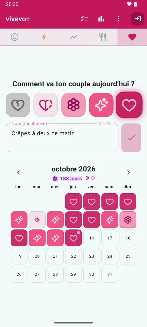 Couple : un calendrier rose plein de cœurs, avec une série de 183 jours.