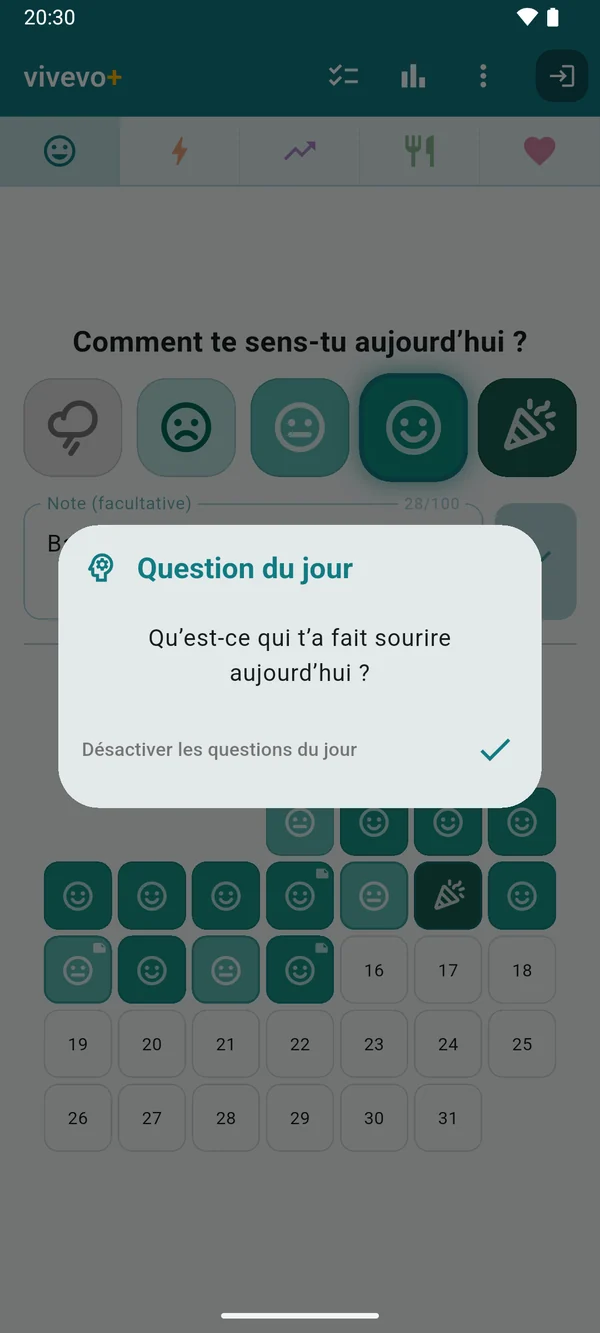 La question du jour, « Qu’est-ce qui t’a fait sourire aujourd’hui ? », sur l’écran d’accueil.